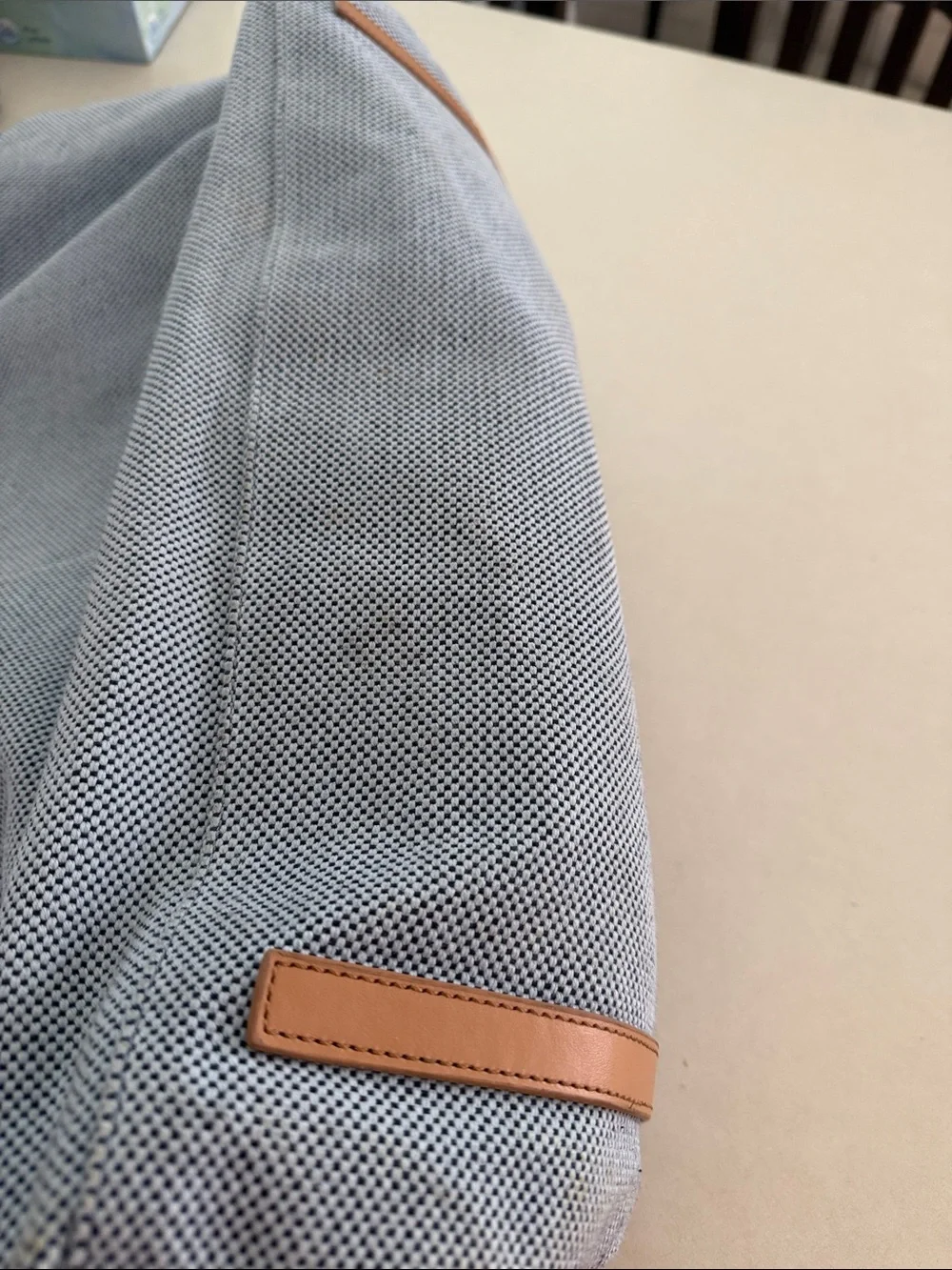 Tory Burch Light Blue Canvas Weekender with Tan Leather Logo